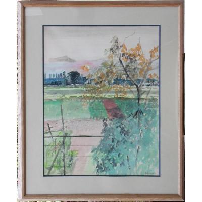 Maurice Brianchon "sunset Over The Pond" Watercolor 59x46